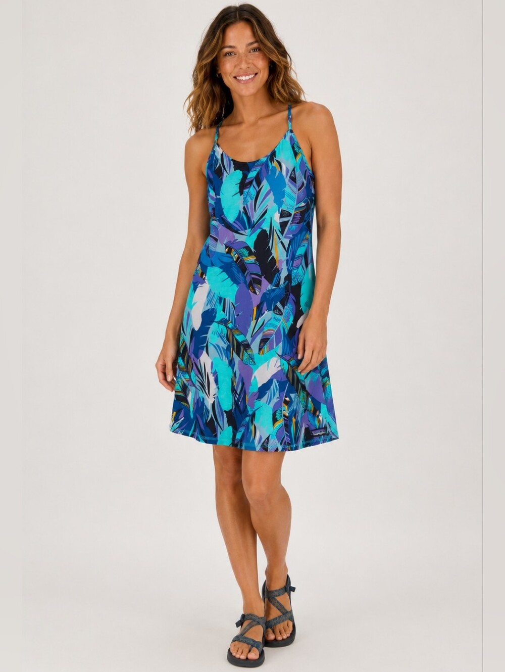 Patagonia Women's Size L Blue Tropical Feather Print Racerback A-Line Dress